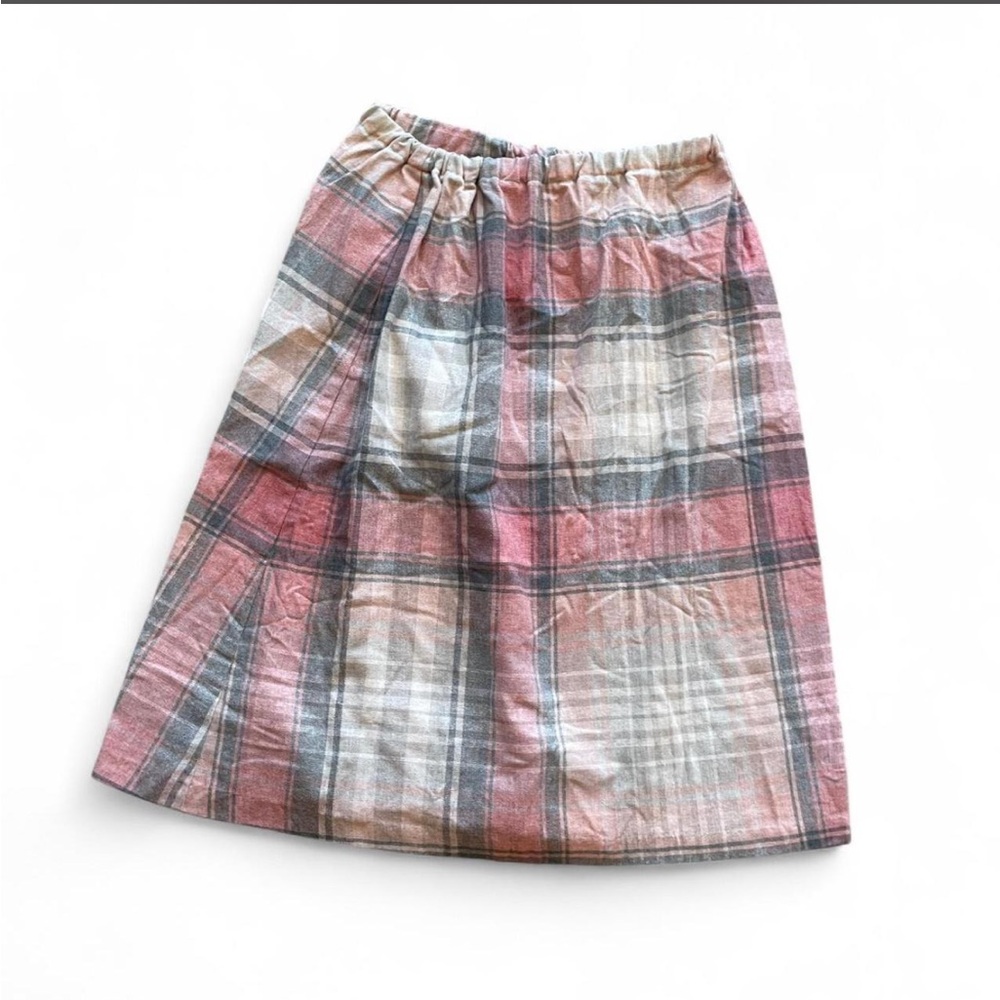 Vintage 70s 80s red grey white plaid skirt elastic waist midi 30-38” waist